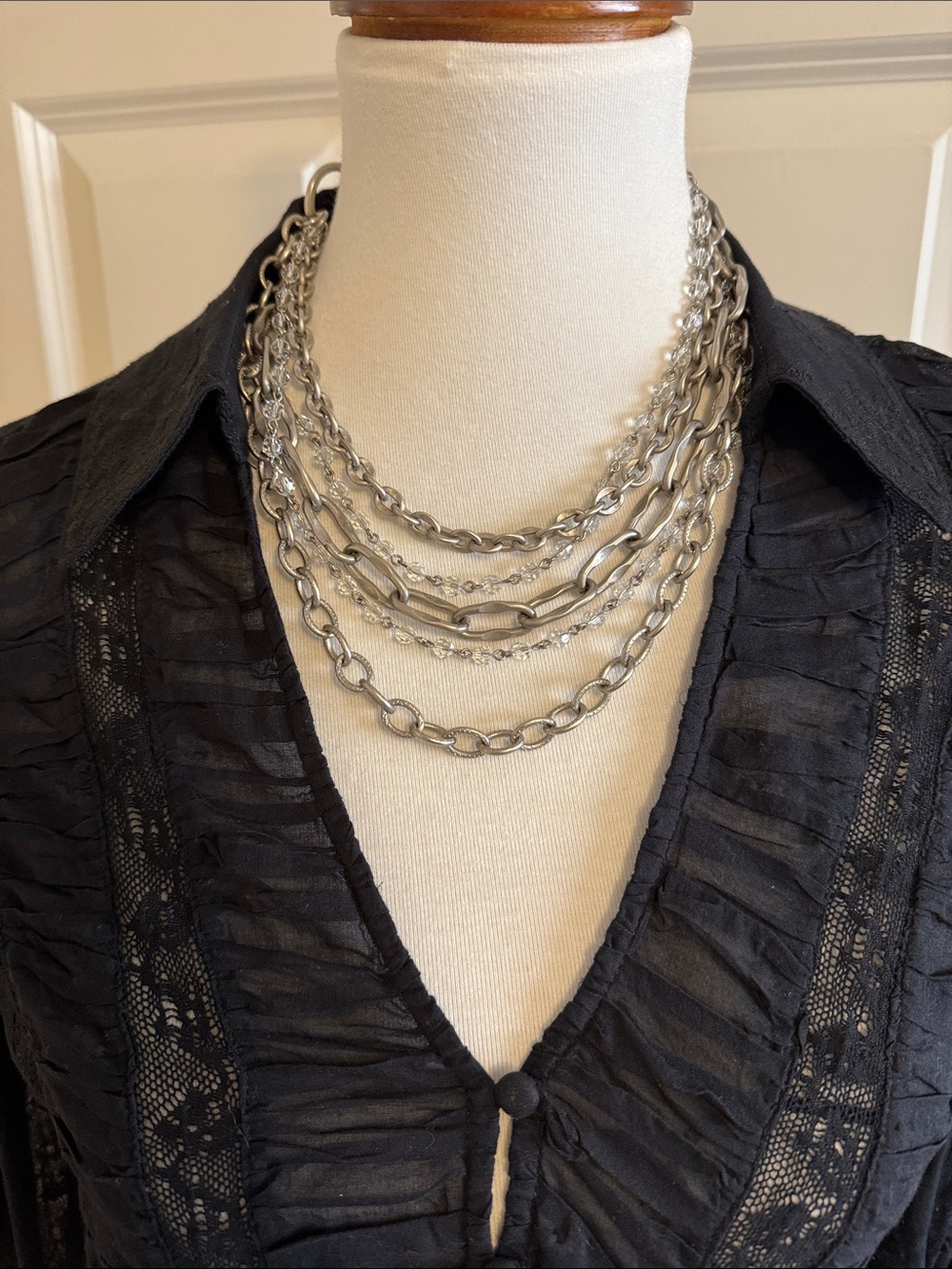 5 strand Layered Silver-Tone Multi-Chain Necklace - crystals, designer